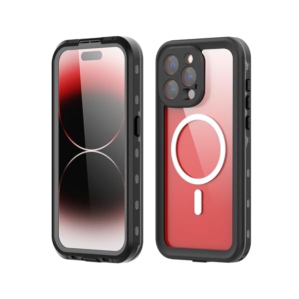 iPhone 14 Pro Max ケース 完全防水 Magsafe対応 ストラップ付き 防水ケース カバー クリア 透明 アイフォン14 Pro マックス 全面カバー 頑丈 耐衝撃 両面ケース 液晶画面保護 アウトドア,ブラック