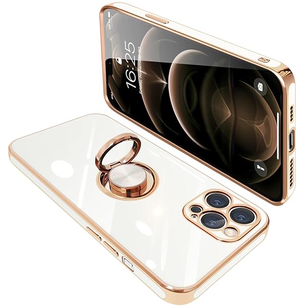 iPhone12 pro ケース リング付き アイフォン12pro リング カバー 耐衝撃 TPU メッキ加工 360°回転 スタンド機能 車載ホルダー ストラップホール付き 6.1インチ（ホワイト）