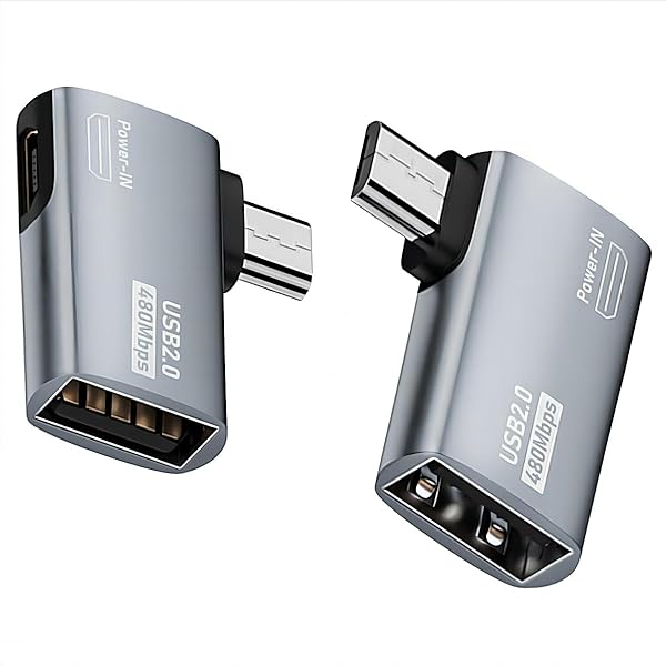 2個パック 2イン1 マイクロUSB OTG電源アダプター Micro USBオス→USB 2.0メス 90度角度付きコネクタアダプター