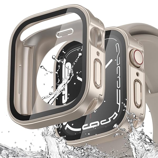 【2個セット】 アップルウォッチ 防水 カバー 45mm 対応 Apple Watch シリーズ 9 8 7 一体型 フルカバー保護 ケース 装着簡単 耐衝撃 iWatch 45 mm, スターライト と スターライト